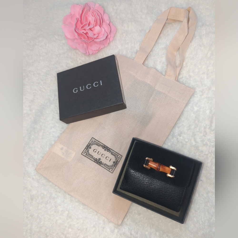 Gucci Black Leather Suede Bi Fold Wallet Bamboo Horsebit Authentic W/ Box + Tote